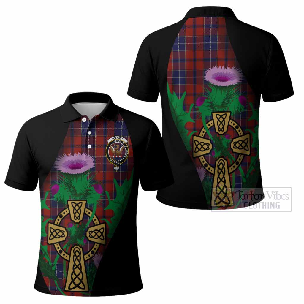 Wishart Tartan Crest Polo Shirt Celtic Cross Thistle Flowers