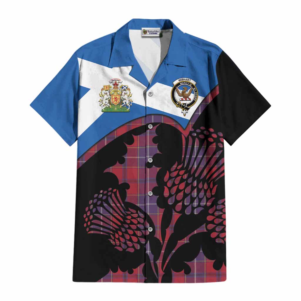 Wishart Tartan Family Crest Cotton Hawaiian Shirt Scotland Thistle Floral Flag Style