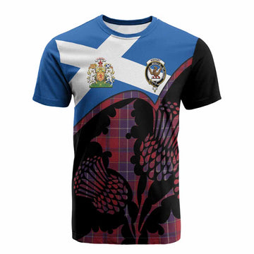 Wishart Tartan Family Crest Cotton T-shirt Scotland Thistle Floral Flag Style