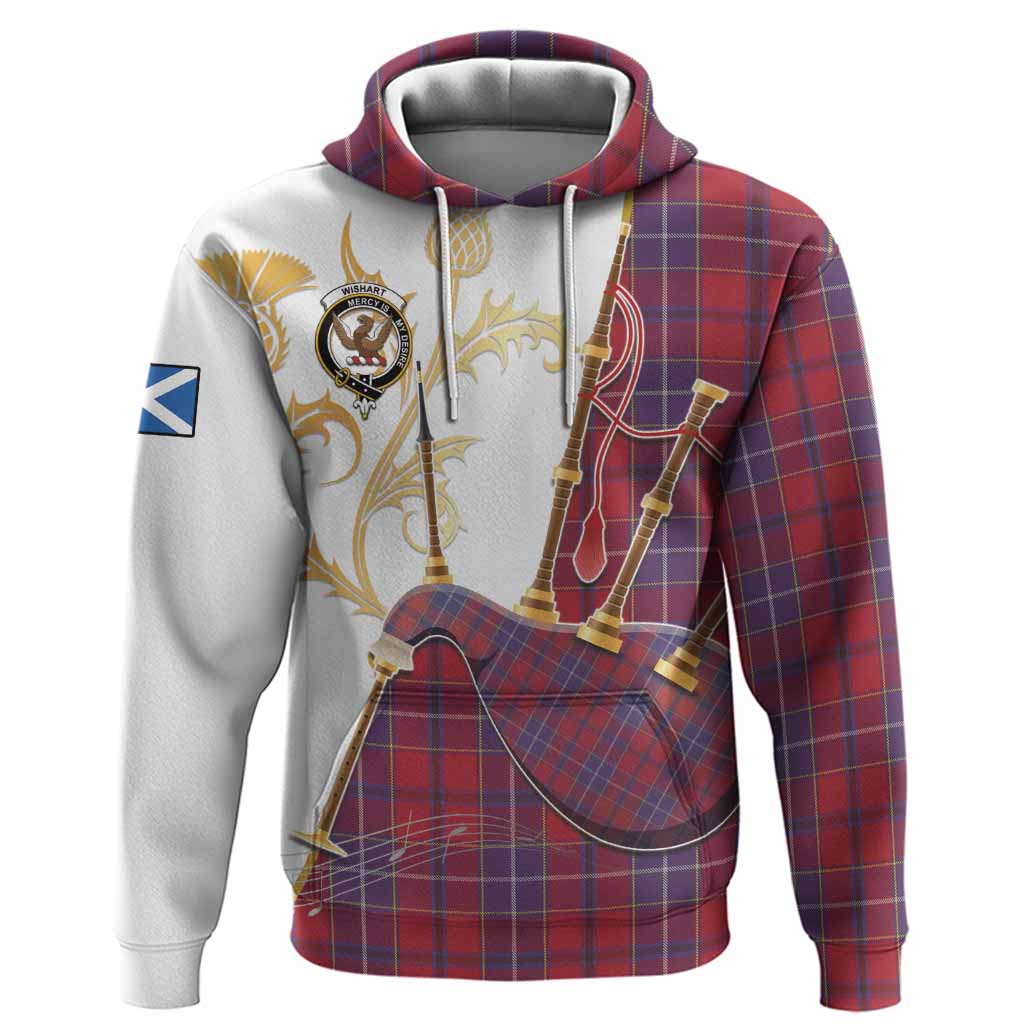 Wishart Tartan Family Crest Hoodie Bagpipes with Scottish Thistle