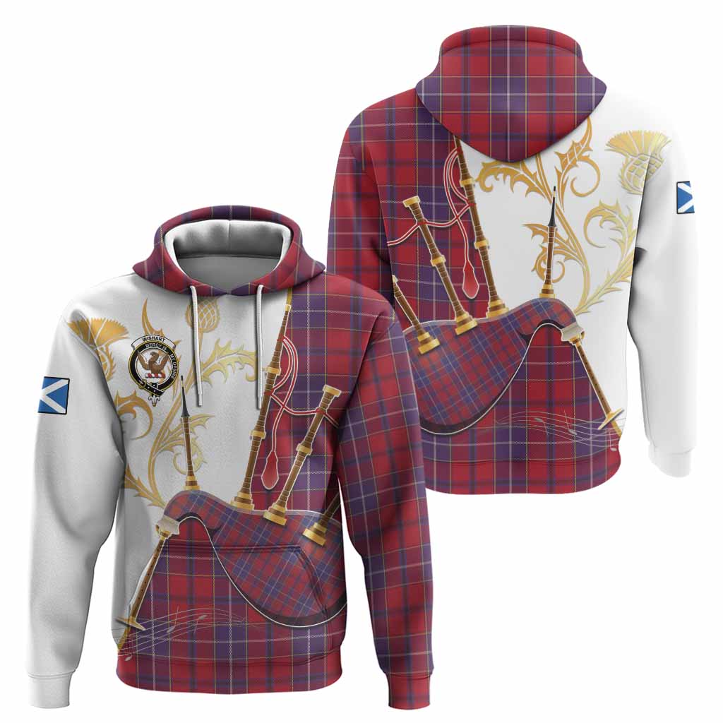 Wishart Tartan Family Crest Hoodie Bagpipes with Scottish Thistle