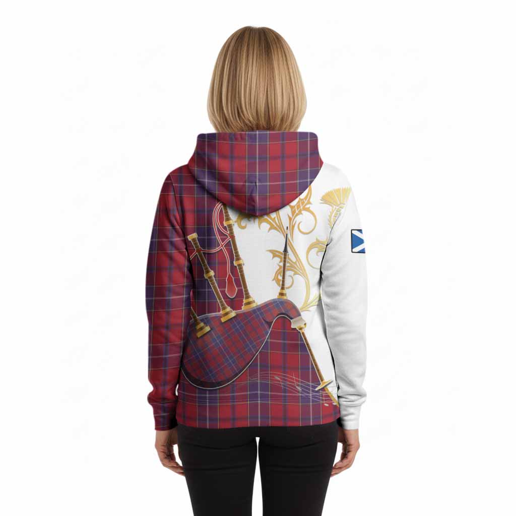 Wishart Tartan Family Crest Hoodie Bagpipes with Scottish Thistle