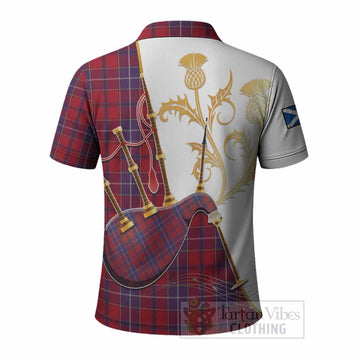 Wishart Tartan Family Crest Polo Shirt Bagpipes with Scottish Thistle