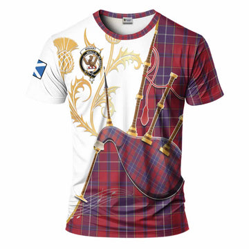 Wishart Tartan Family Crest T-Shirt Bagpipes with Scottish Thistle