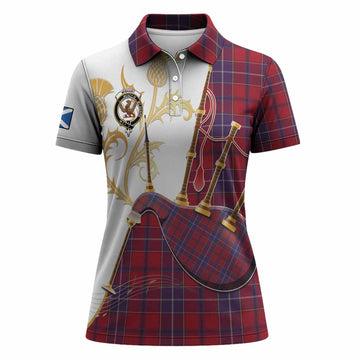 Wishart Tartan Family Crest Women Polo Shirt Bagpipes with Scottish Thistle