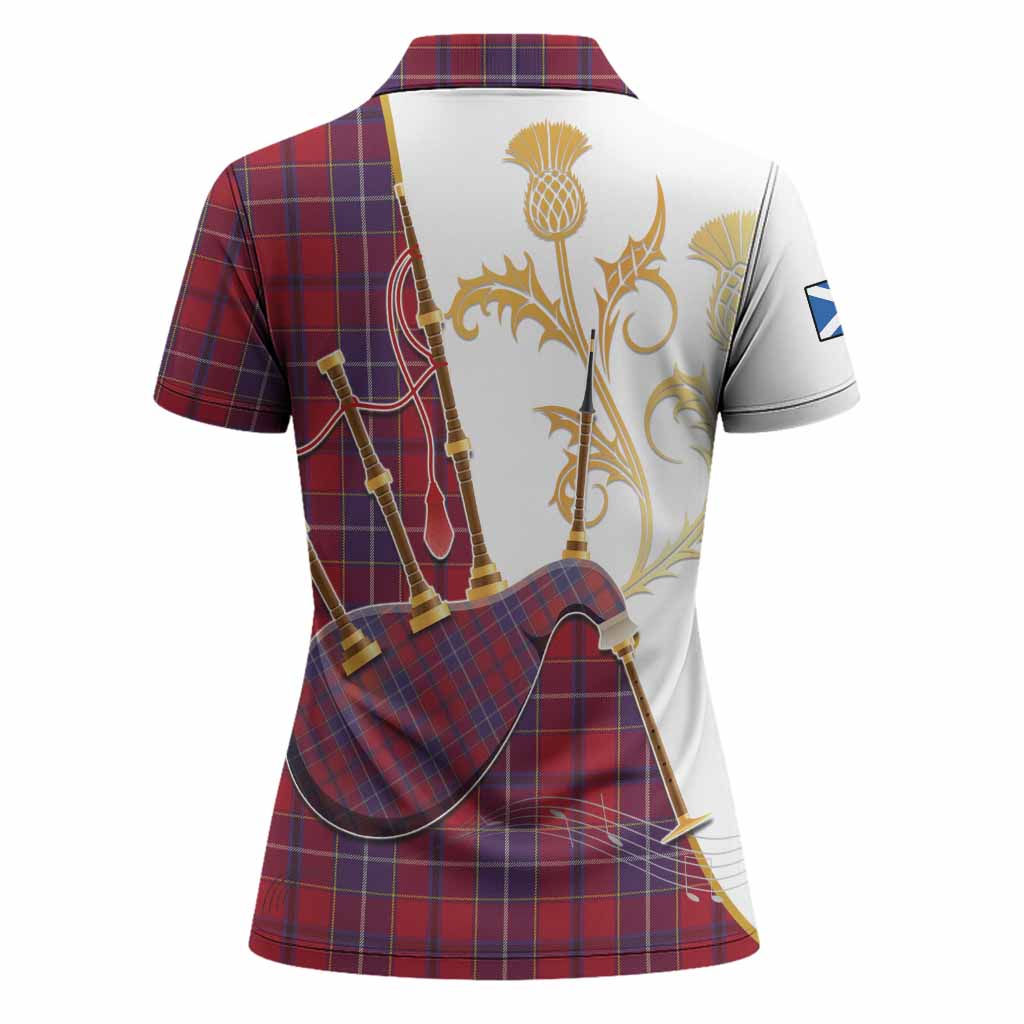Wishart Tartan Family Crest Women Polo Shirt Bagpipes with Scottish Thistle