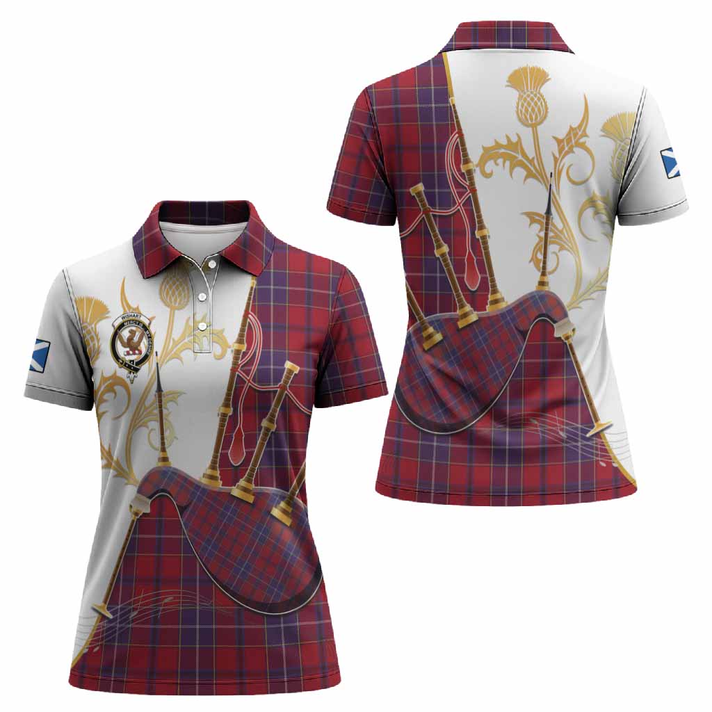 Wishart Tartan Family Crest Women Polo Shirt Bagpipes with Scottish Thistle