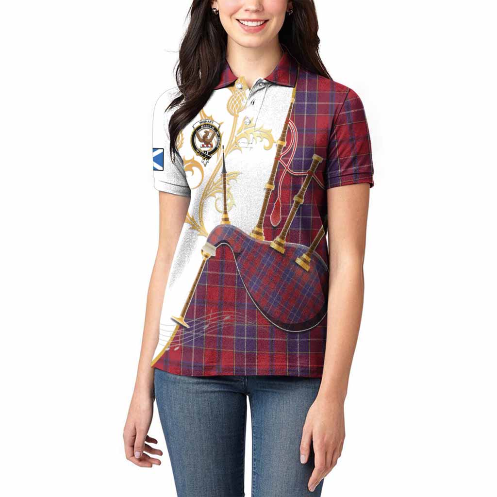 Wishart Tartan Family Crest Women Polo Shirt Bagpipes with Scottish Thistle