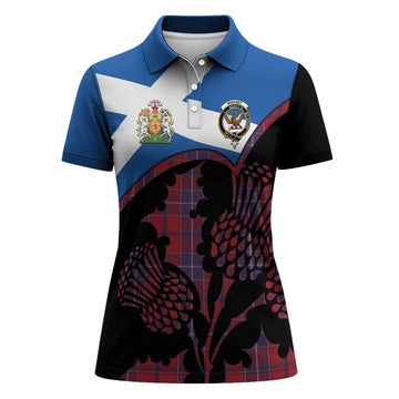 Wishart Tartan Family Crest Women Polo Shirt Scotland Thistle Floral Flag Style