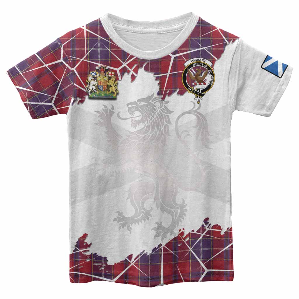 Wishart Tartan Kid T-shirt with Family Crest and Lion Rampant Grunge Style