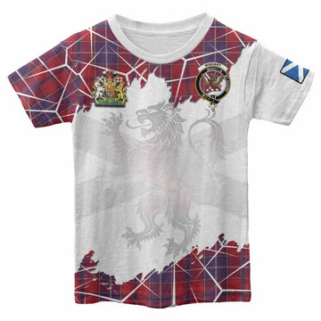 Wishart Tartan Kid T-shirt with Family Crest and Lion Rampant Grunge Style