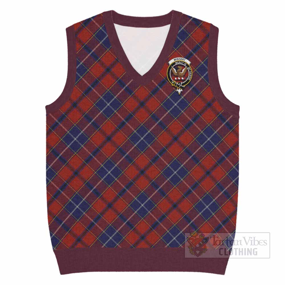Wishart Tartan Knitted V-Neck Vest with Family Crest Cross Style