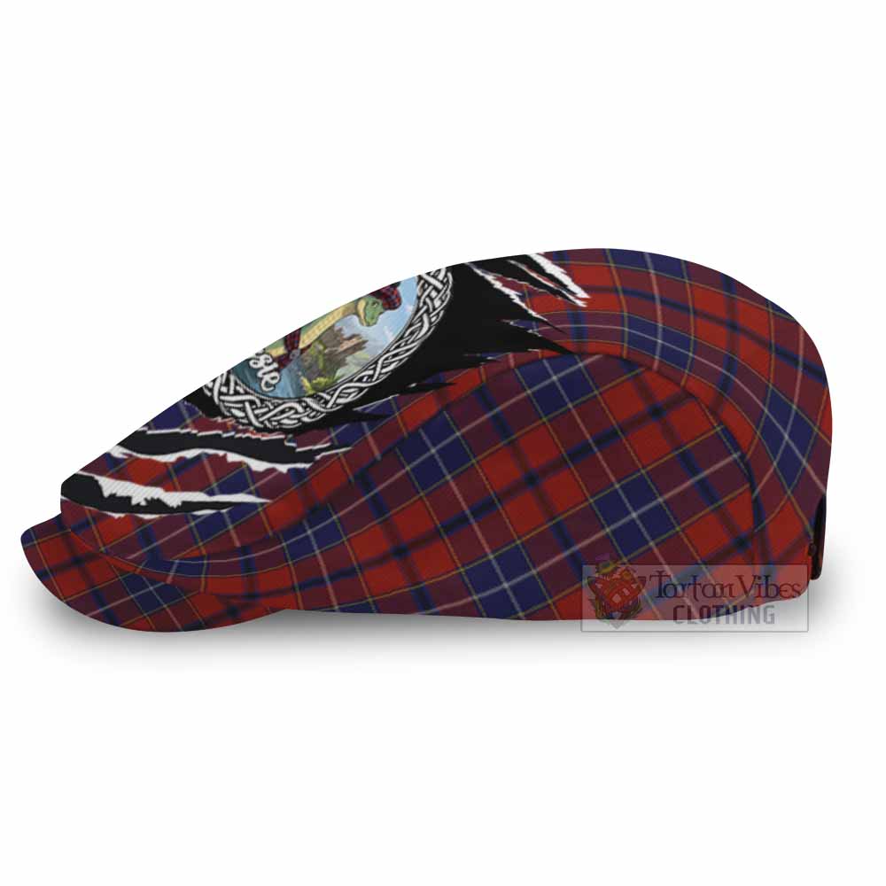 Wishart Tartan Loch Ness Monster Flat Cap, Jeff Cap Celtic Knot Nessie Art