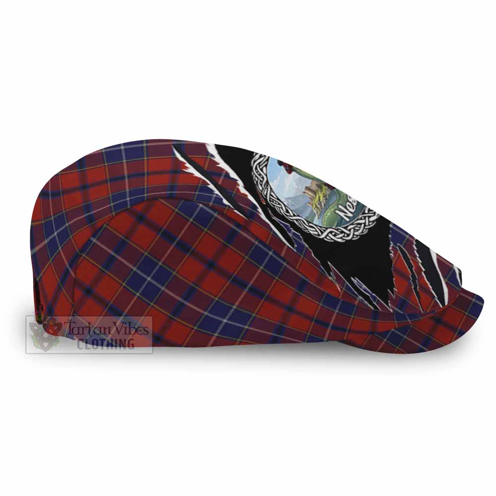Wishart Tartan Loch Ness Monster Flat Cap, Jeff Cap Celtic Knot Nessie Art