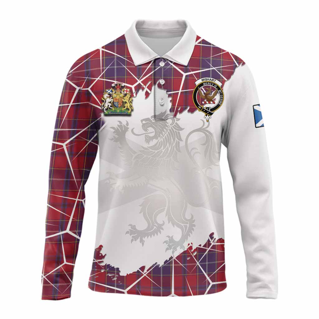 Wishart Tartan Long Sleeve Polo Shirt with Family Crest and Lion Rampant Grunge Style