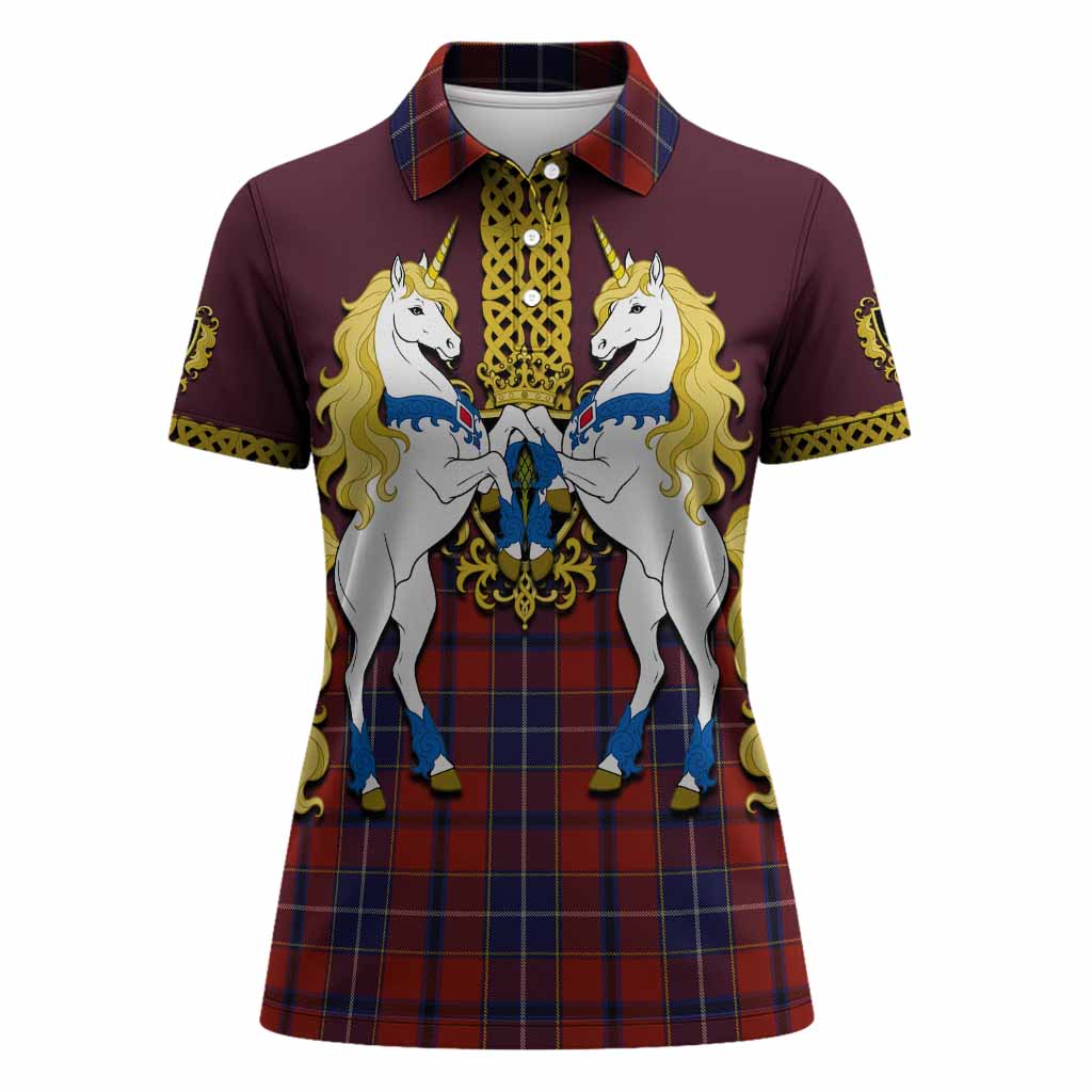 Wishart Tartan Women Polo Shirt Unicorn Celtic Knot And Thistle Emblem