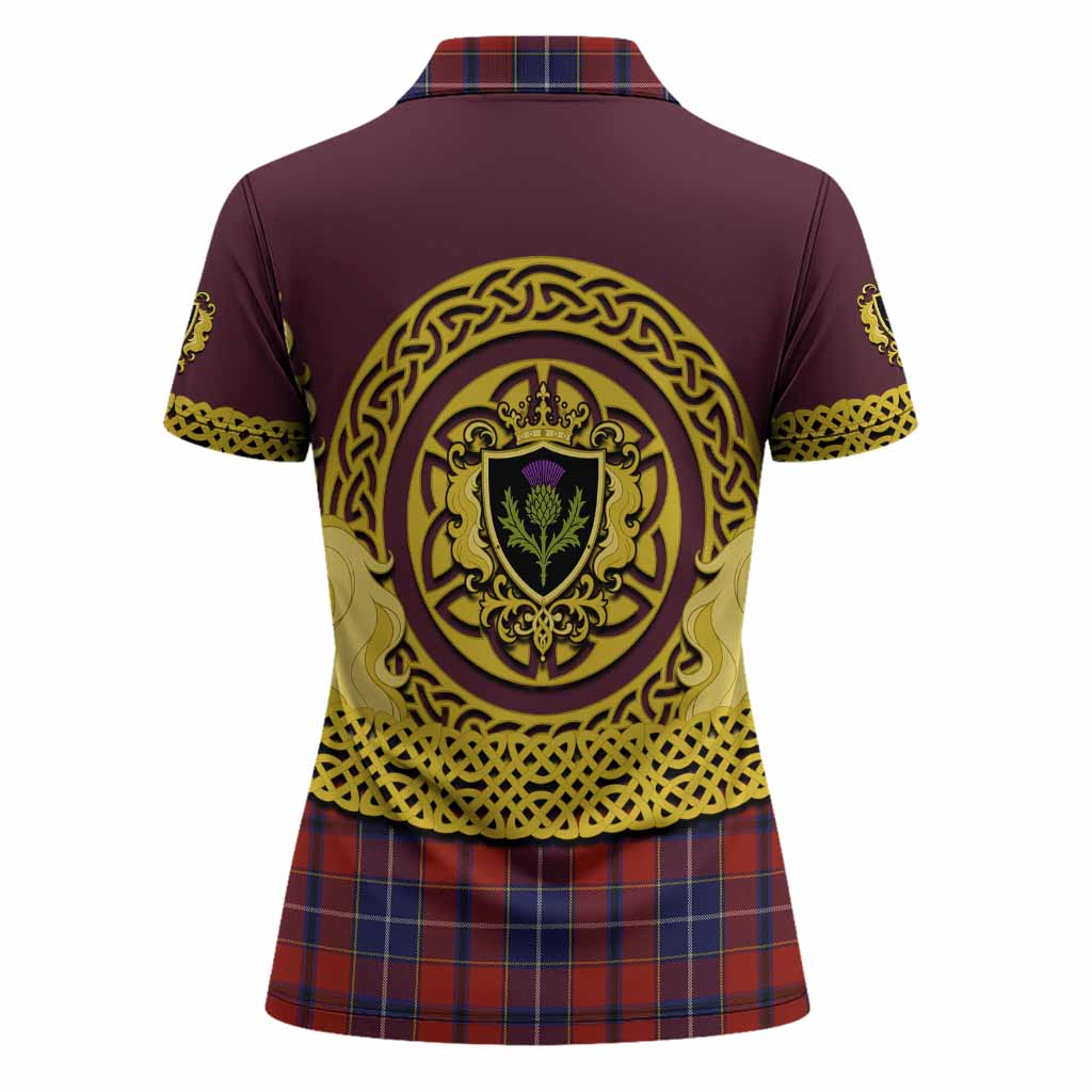 Wishart Tartan Women Polo Shirt Unicorn Celtic Knot And Thistle Emblem