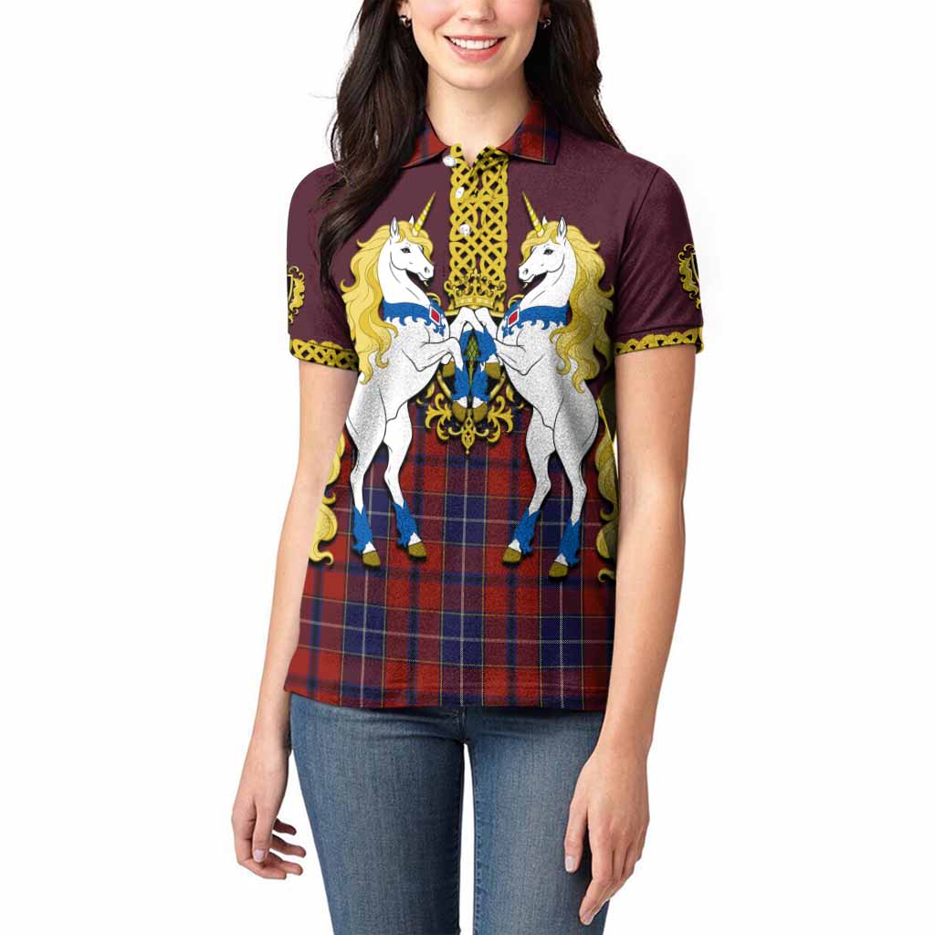 Wishart Tartan Women Polo Shirt Unicorn Celtic Knot And Thistle Emblem