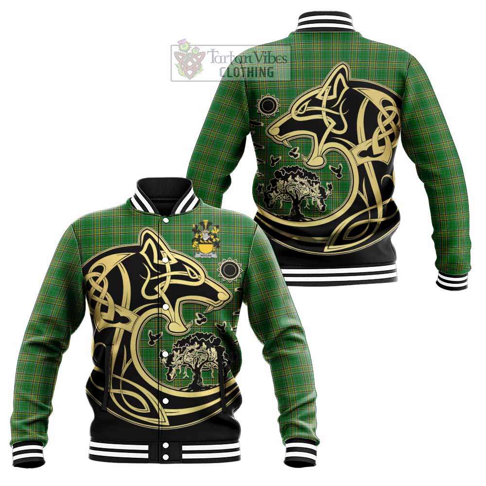Tartan Vibes Clothing Wogan Irish Tartan Baseball Jacket with Coat of Arms Celtic Wolf Style