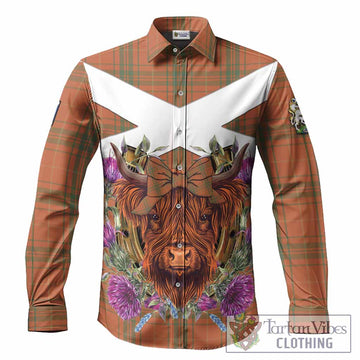 Wolfe Tartan Long Sleeve Button Shirts Scottish Thistle Heilan Coo