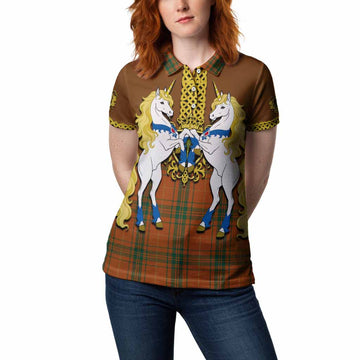 Wolfe Tartan Women Polo Shirt Unicorn Celtic Knot And Thistle Emblem