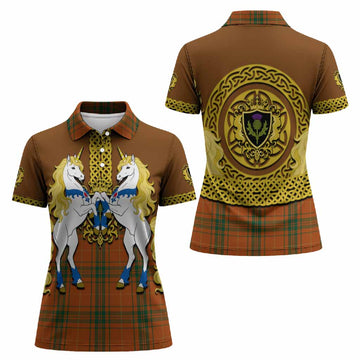 Wolfe Tartan Women Polo Shirt Unicorn Celtic Knot And Thistle Emblem