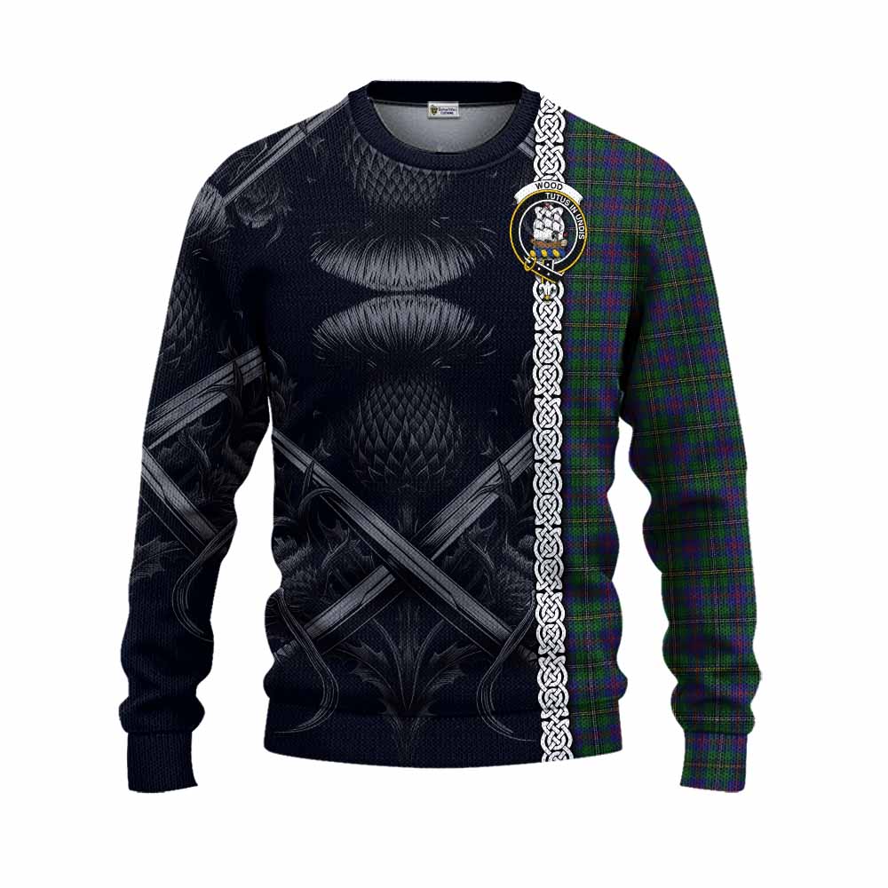 Tartan Vibes Clothing Wood Tartan Knitted Sweater with Family Crest Cross Sword Thistle Celtic Vibes