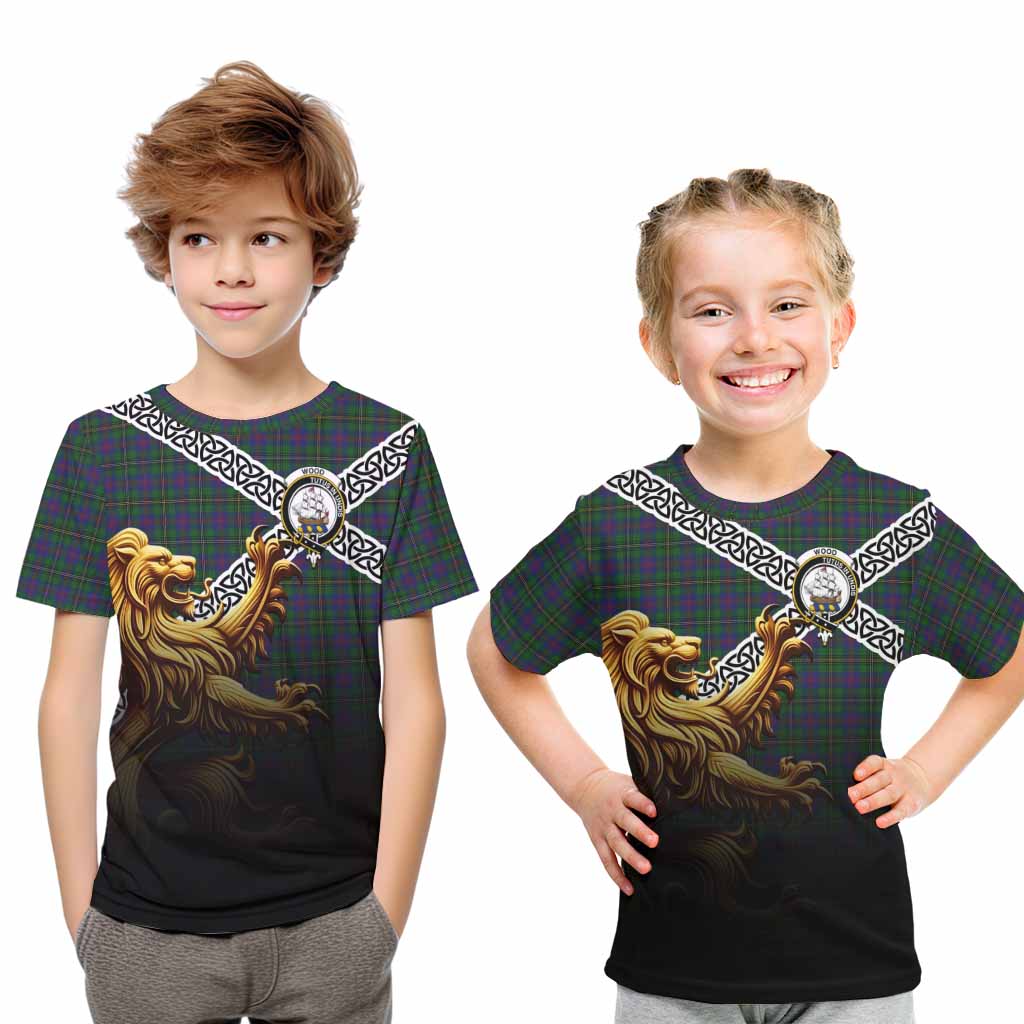 Tartan Vibes Clothing Wood Crest Tartan Kid T-Shirt with Golden Lion Emblem Celtic Style