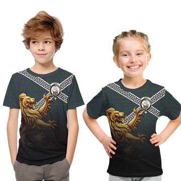 Tartan Vibes Clothing Wood Crest Tartan Kid T-Shirt with Golden Lion Emblem Celtic Style