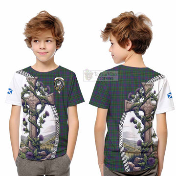 Tartan Vibes Clothing Wood Tartan Kid T-Shirt with Family Crest and St. Andrew's Cross Accented by Thistle Vines