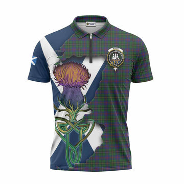 Tartan Vibes Clothing Wood Tartan Family Crest Zipper Polo Shirt Scottish Thistle Celtic Inspired