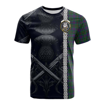 Tartan Vibes Clothing Wood Tartan Cotton T-shirt with Family Crest Cross Sword Thistle Celtic Vibes