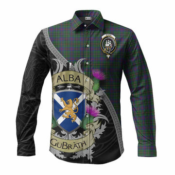 Wood Tartan Family Crest Long Sleeve Button Shirt Lion Rampant Royal Thistle Shield Celtic Inspired