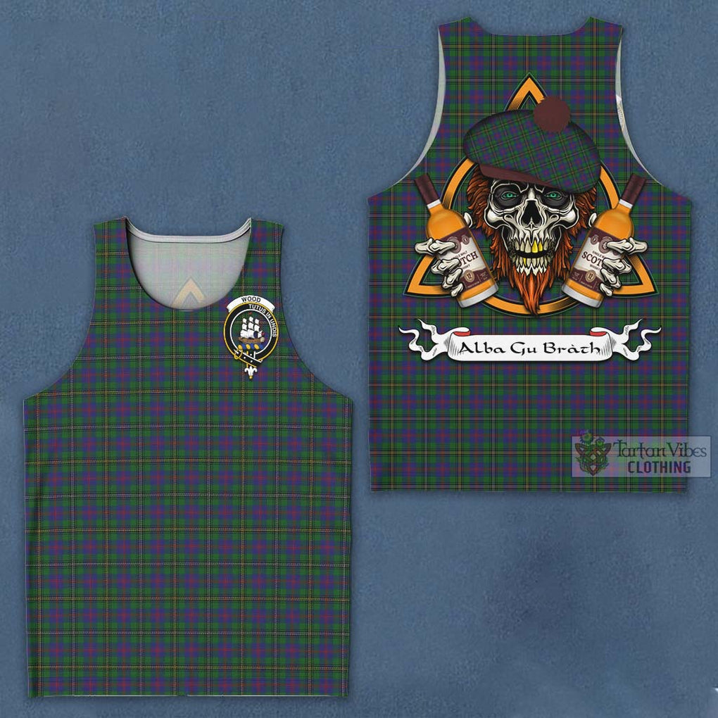 Tartan Vibes Clothing Wood Tartan Men's Tank Top with Family Crest and Bearded Skull Holding Bottles of Whiskey
