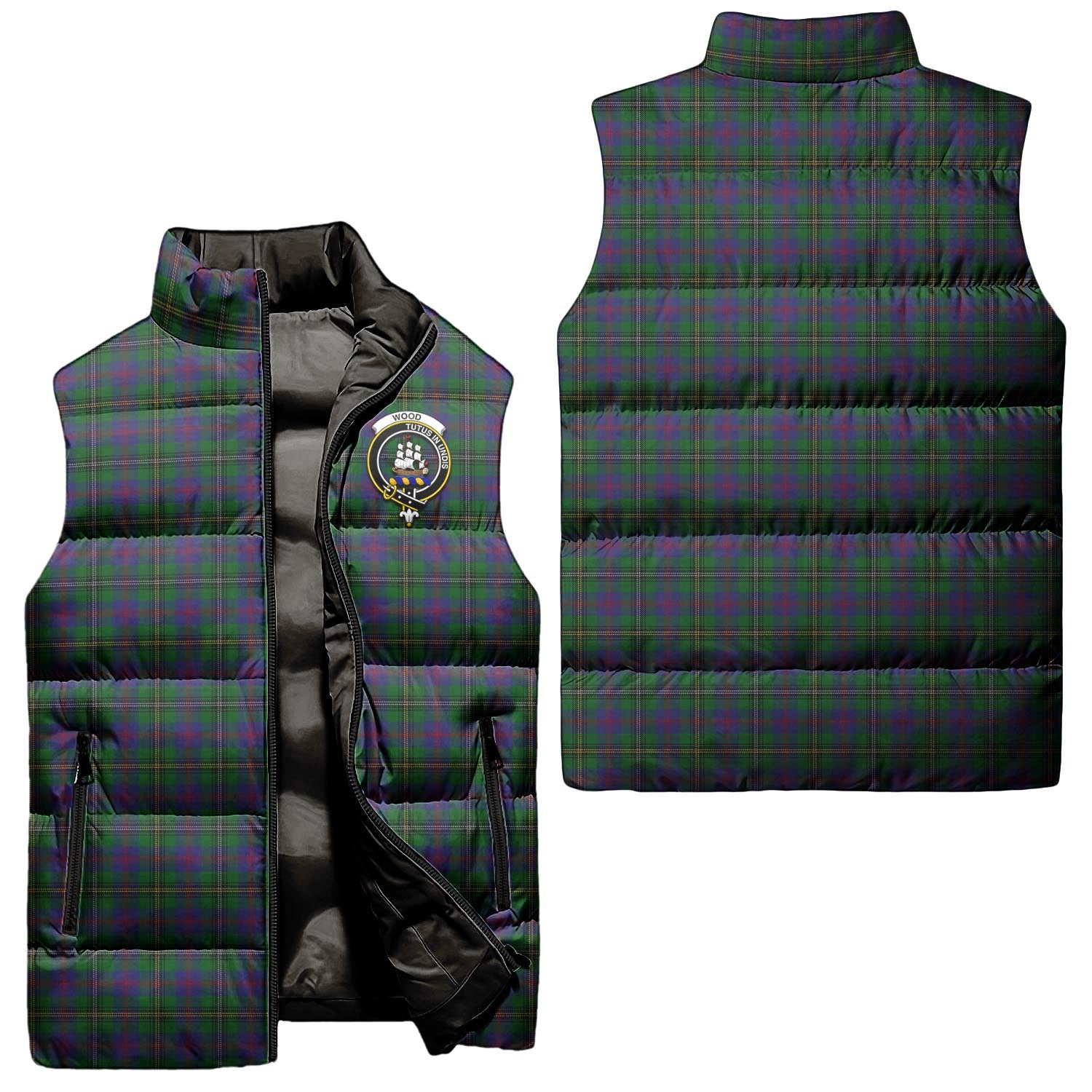 Wood Tartan Sleeveless Puffer Jacket with Family Crest Unisex - Tartanvibesclothing