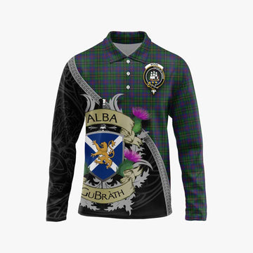 Tartan Vibes Clothing Wood Tartan Family Crest Long Sleeve Polo Shirt Lion Rampant Royal Thistle Shield Celtic Inspired