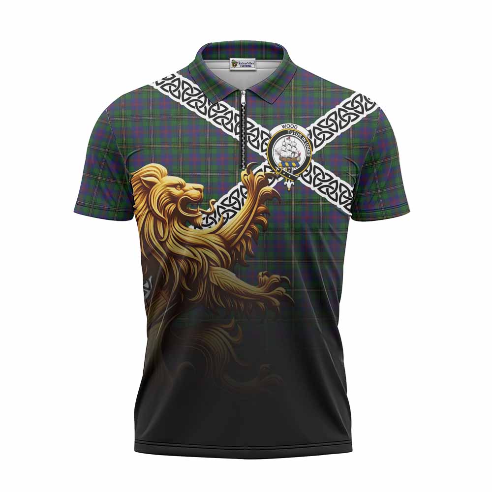 Tartan Vibes Clothing Wood Crest Tartan Zipper Polo Shirt with Golden Lion Emblem Celtic Style