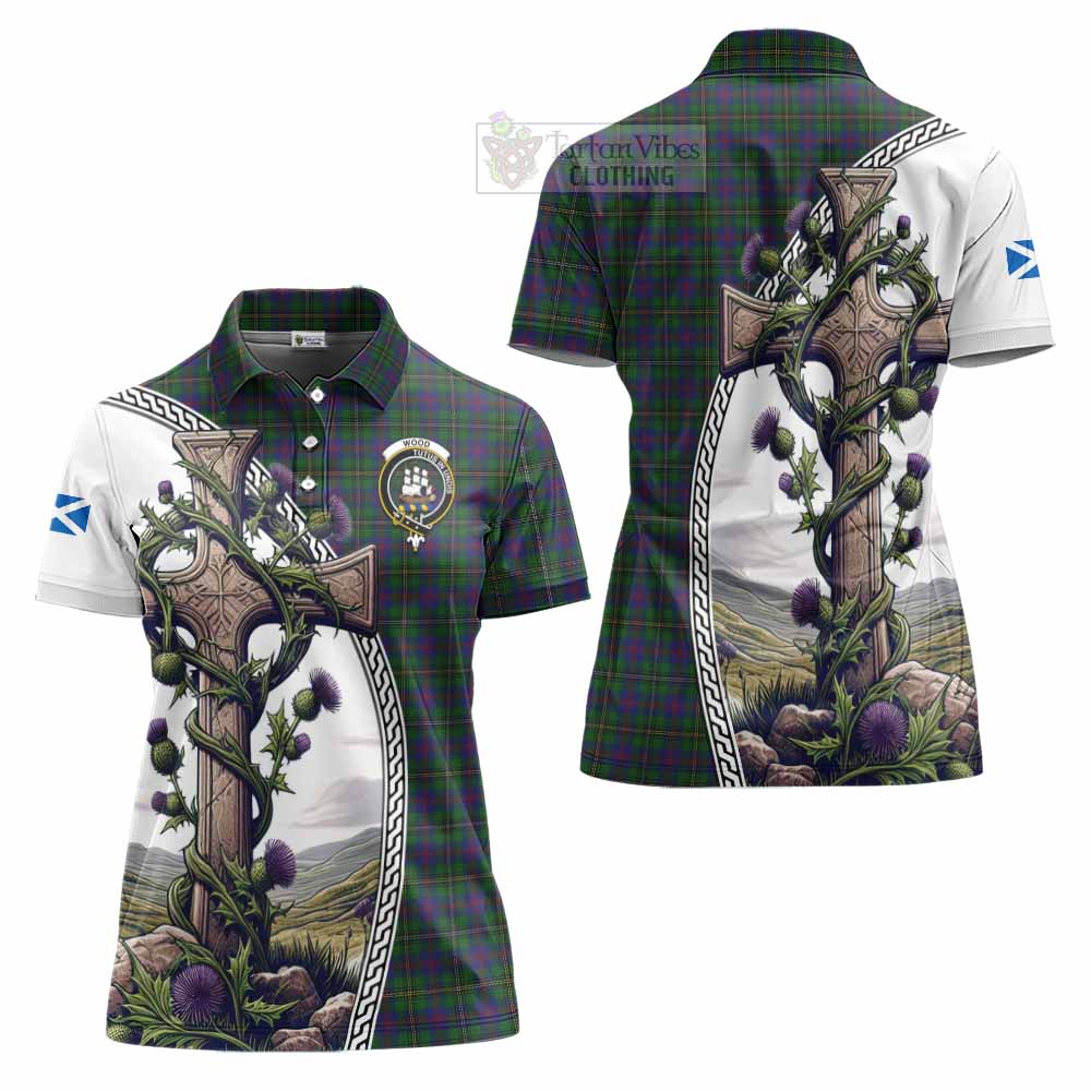 Tartan Vibes Clothing Wood Tartan Women's Polo Shirt with Family Crest and St. Andrew's Cross Accented by Thistle Vines