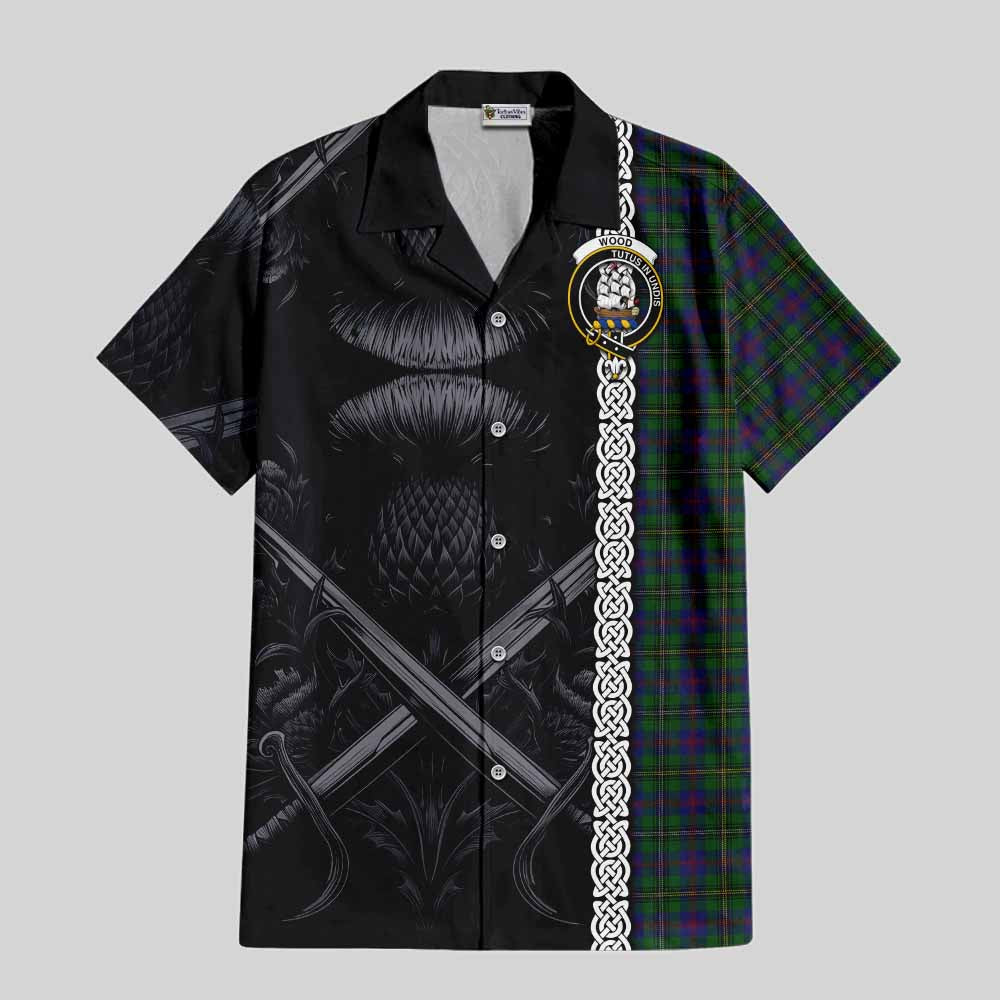 Tartan Vibes Clothing Wood Tartan Short Sleeve Button Shirt with Family Crest Cross Sword Thistle Celtic Vibes