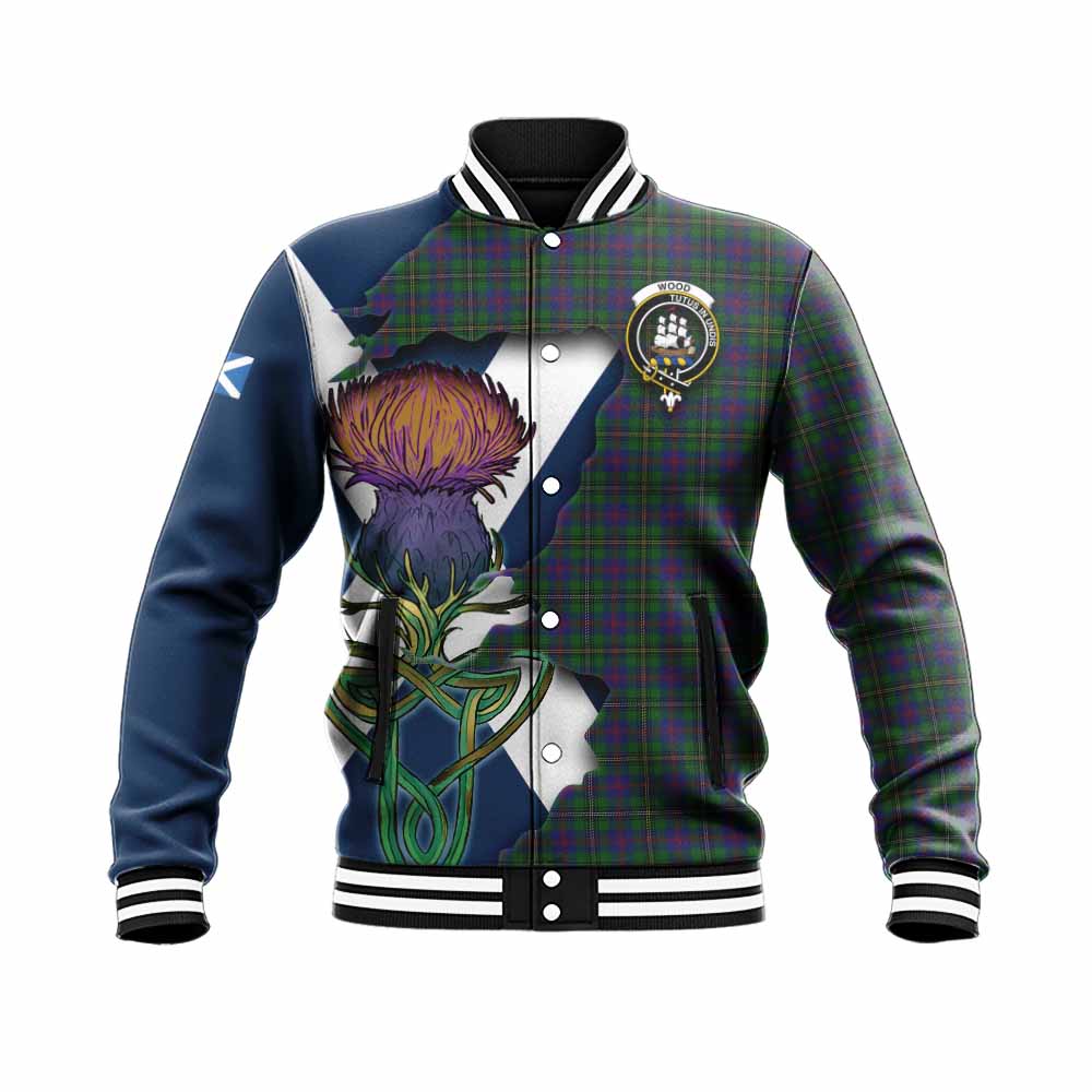 Tartan Vibes Clothing Wood Tartan Family Crest Baseball Jacket Scottish Thistle Celtic Inspired