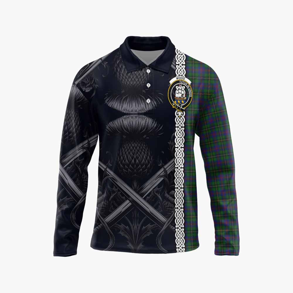 Tartan Vibes Clothing Wood Tartan Long Sleeve Polo Shirt with Family Crest Cross Sword Thistle Celtic Vibes