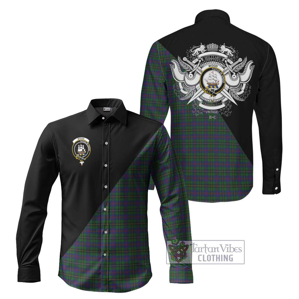 Wood Tartan Long Sleeve Button Shirt with Family Crest and Military Logo Style Men's Shirt S - Tartanvibesclothing Shop