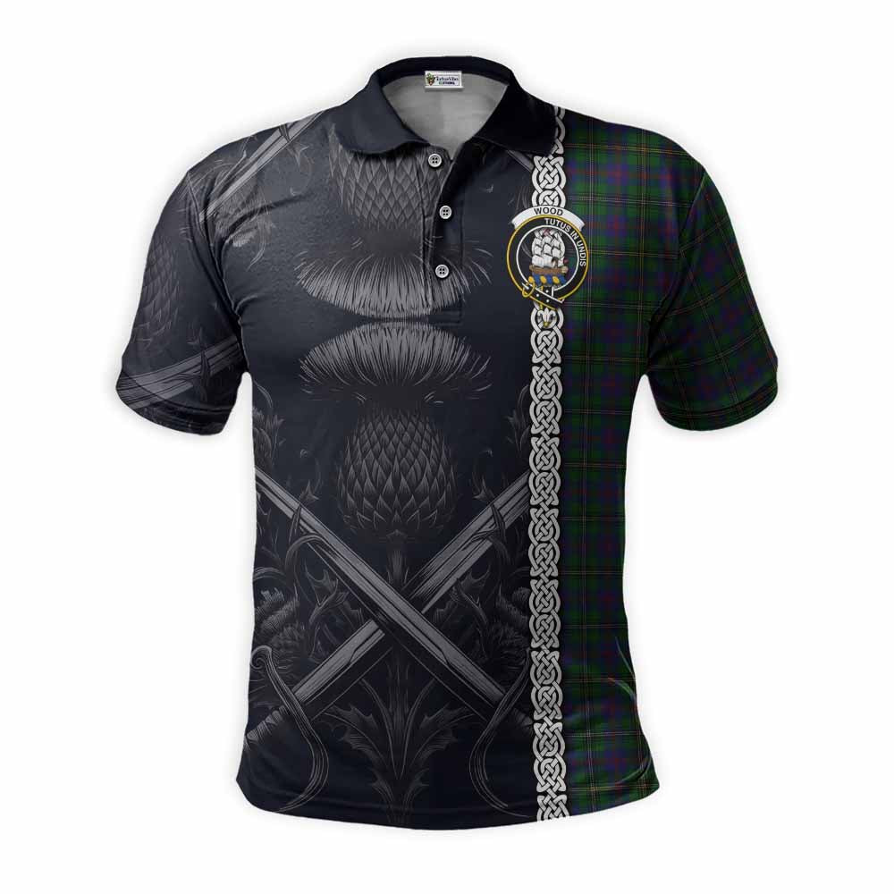 Tartan Vibes Clothing Wood Tartan Polo Shirt with Family Crest Cross Sword Thistle Celtic Vibes