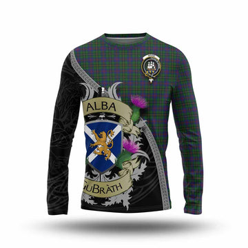 Wood Tartan Family Crest Long Sleeve T-Shirt Lion Rampant Royal Thistle Shield Celtic Inspired