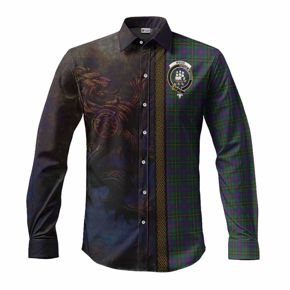 Tartan Vibes Clothing Wood Tartan Family Crest Long Sleeve Button Shirt Alba Gu Brath Be Brave Lion Ancient Style