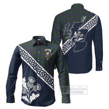 Tartan Vibes Clothing Wood Tartan Long Sleeve Button Shirt Featuring Thistle and Scotland Map