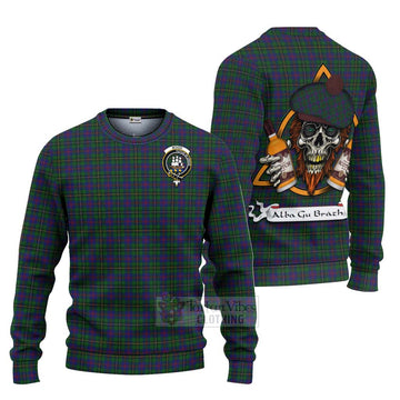 Wood Tartan Ugly Sweater with Family Crest and Bearded Skull Holding Bottles of Whiskey