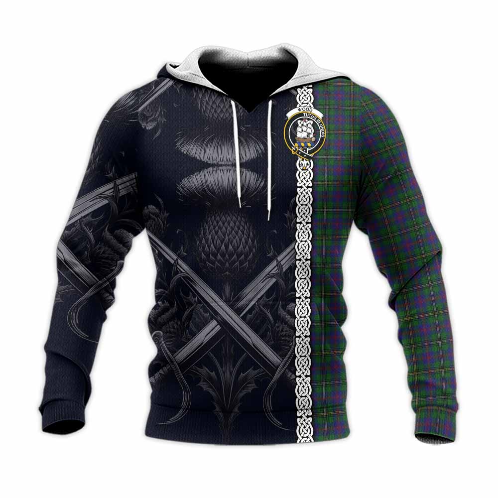 Tartan Vibes Clothing Wood Tartan Knitted Hoodie with Family Crest Cross Sword Thistle Celtic Vibes