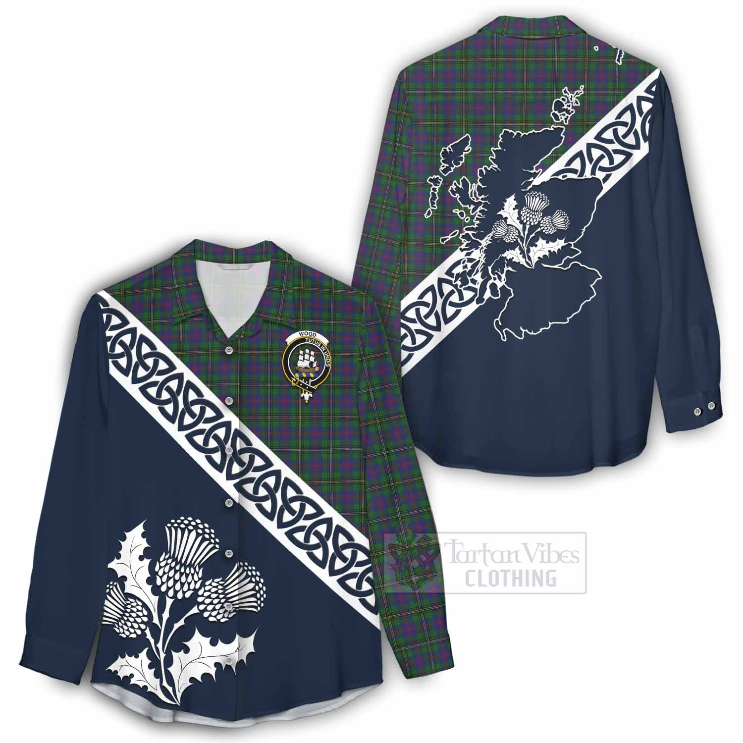 Tartan Vibes Clothing Wood Tartan Women's Casual Shirt Featuring Thistle and Scotland Map