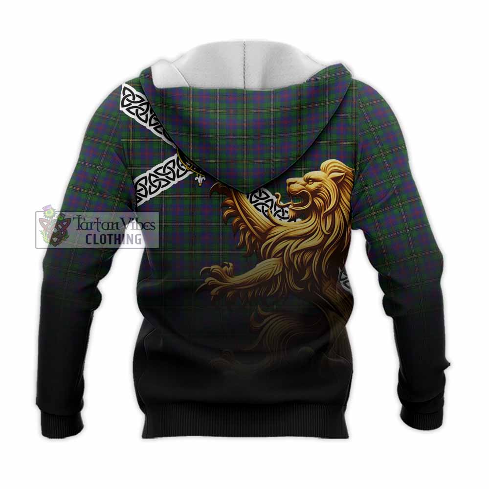 Tartan Vibes Clothing Wood Crest Tartan Knitted Hoodie with Golden Lion Emblem Celtic Style